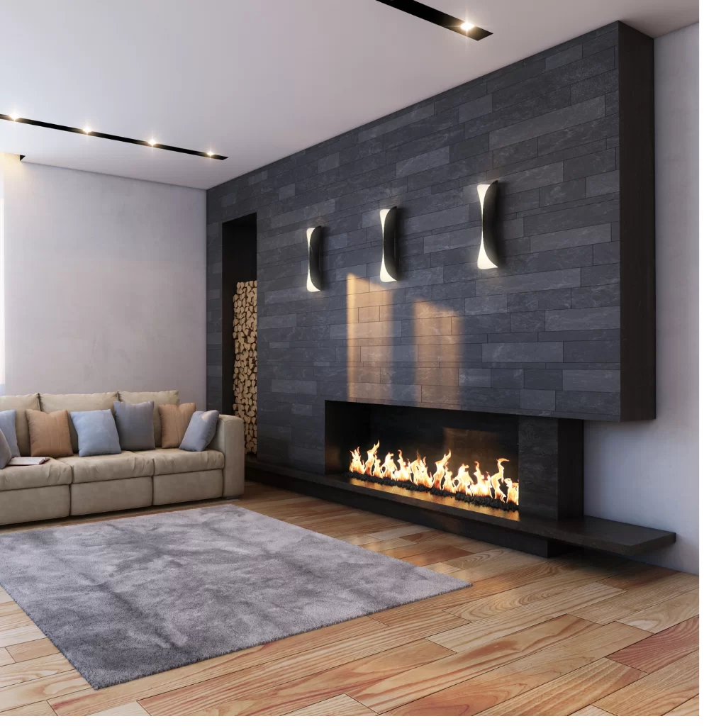 Black feature wall with modern gas fireplace and recessed lighting