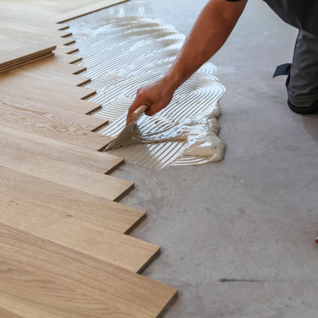 Hardwood flooring installation with adhesive in Mill Creek area