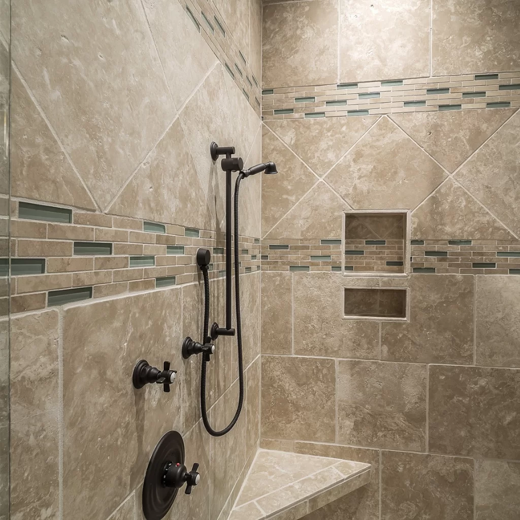 Tiled shower with built-in wall niche and practical corner shelf