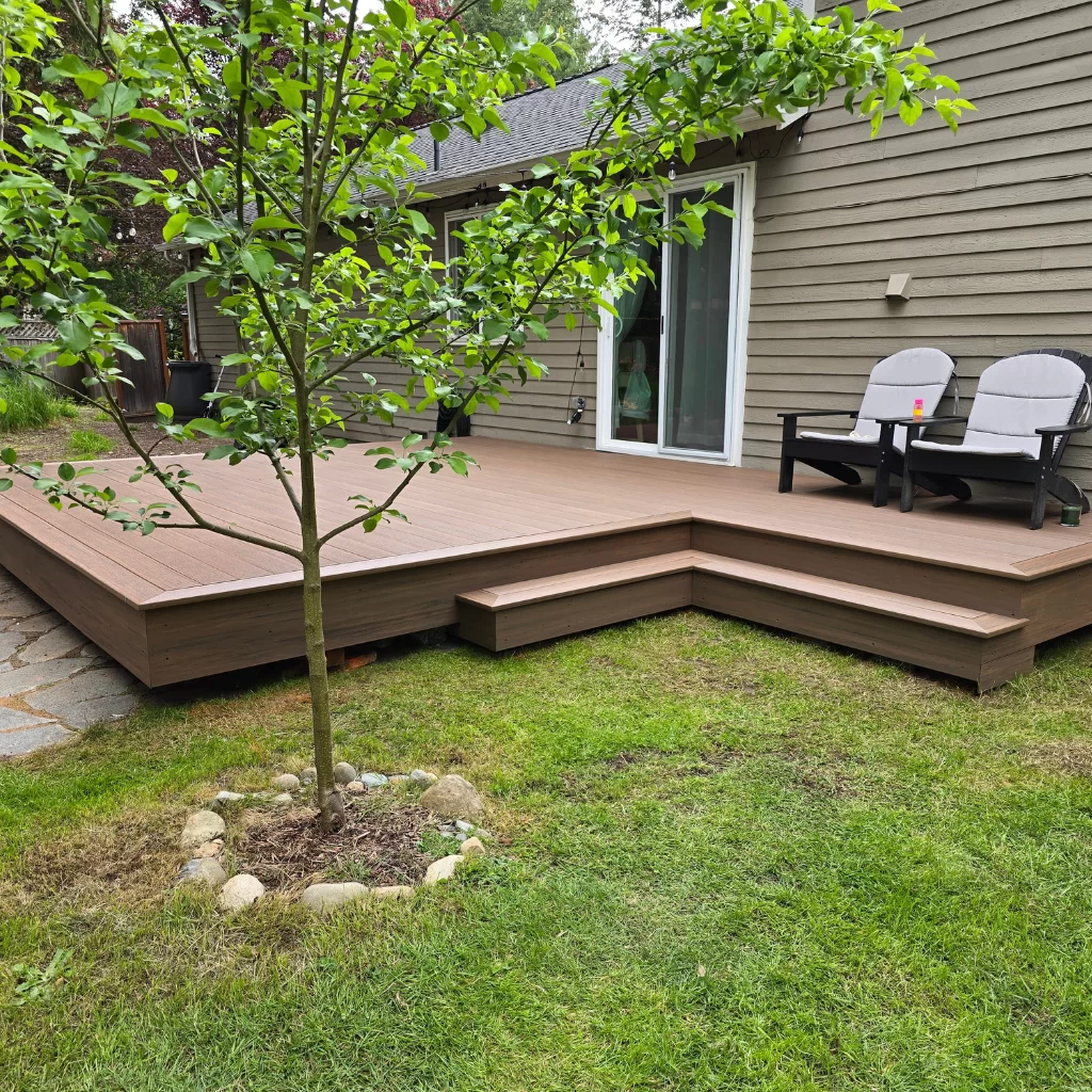Custom TimberTech deck design with steps and integrated seating – Sammamish WA