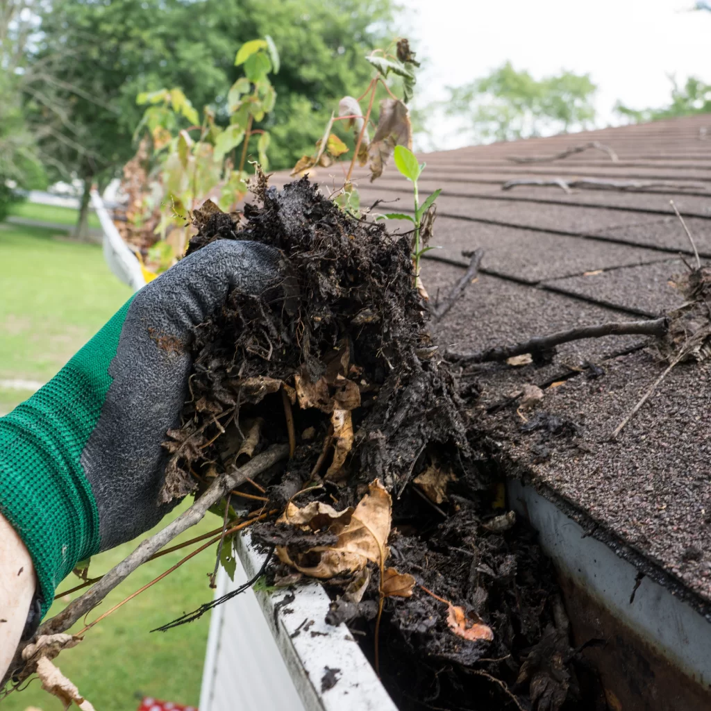 Soft wash cleaning of roof and gutter using low-pressure spray