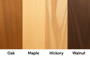 Different types of solid hardwood flooring including oak, maple, hickory, and walnut