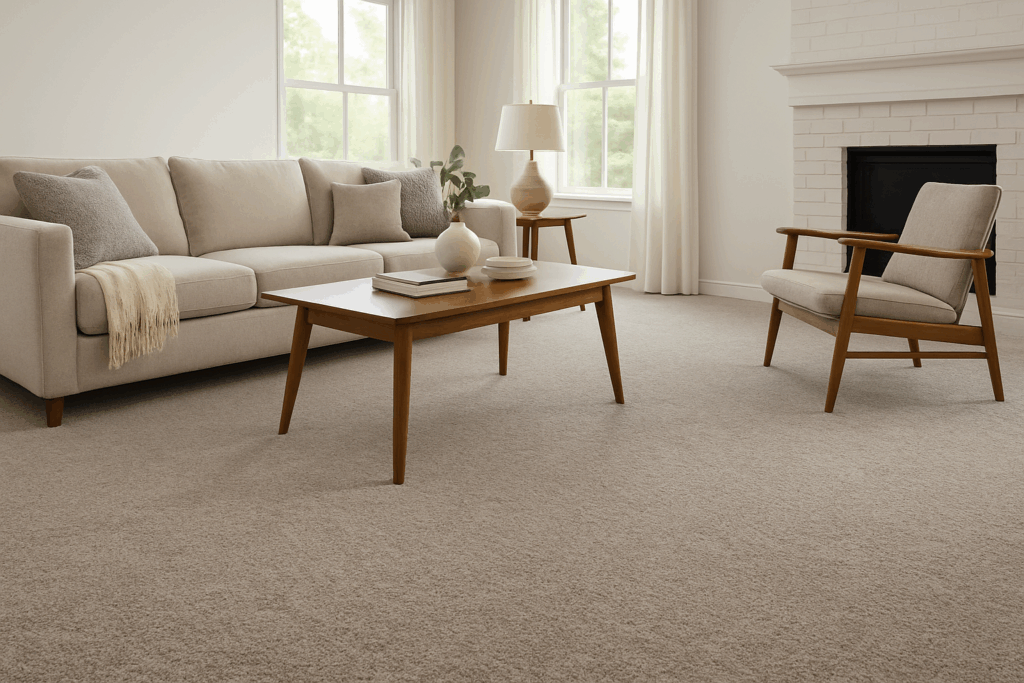 Greige soft carpet in a bright Seattle living room with beige sofa and wooden coffee table