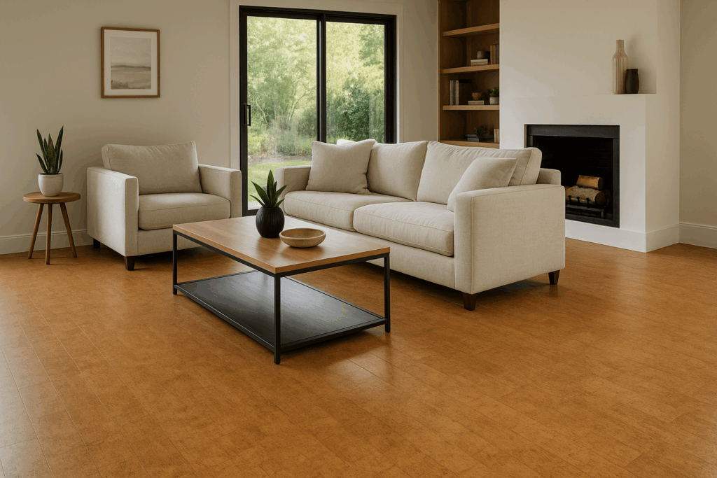 Warm amber cork flooring in a modern Seattle living room with neutral sofa and wooden coffee table