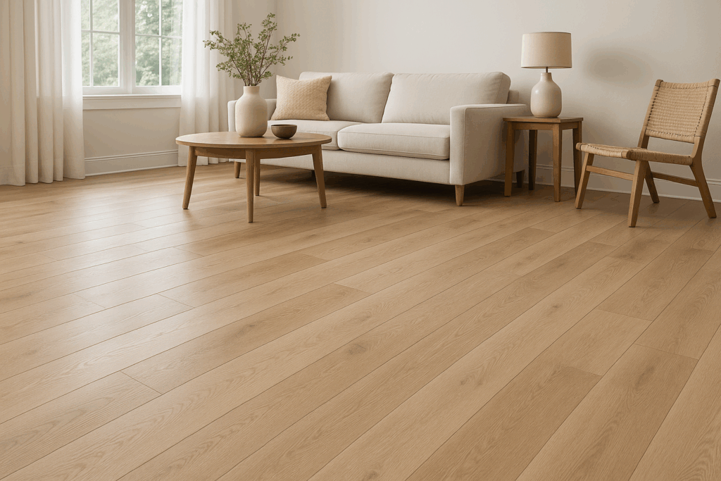 Natural color European oak engineered hardwood flooring with matte oil finish in a modern Seattle living room