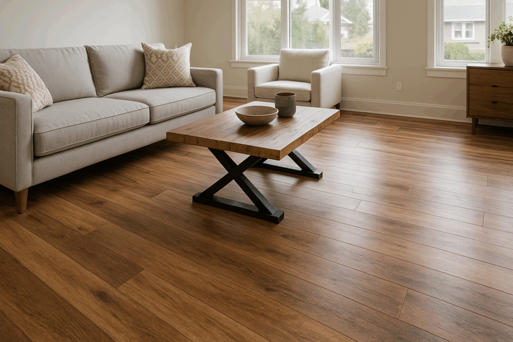 Warm honey oak luxury vinyl plank flooring in a bright Seattle living room with large windows and neutral modern furniture