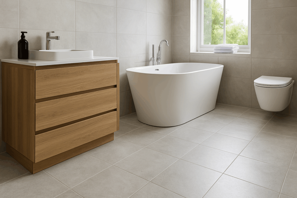 Light cool gray porcelain floor tiles with stone texture in a modern Seattle bathroom with freestanding bathtub