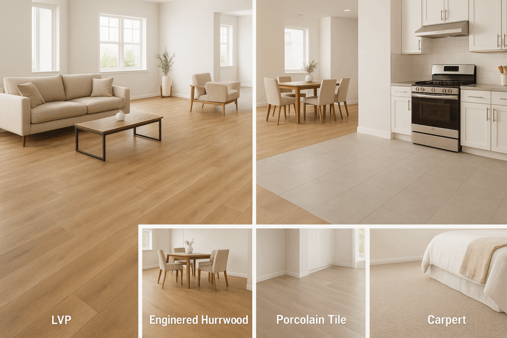 Composite image showing luxury vinyl plank, engineered hardwood, porcelain tile, waterproof laminate, cork flooring, and carpet for modern home design