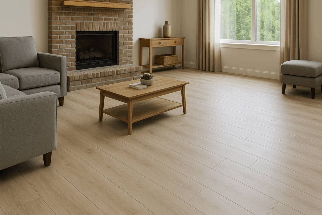 Whitewashed oak waterproof laminate flooring in a cozy Seattle living room with fireplace
